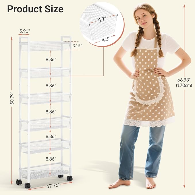6 Tier Slim Storage Cart, Narrow Cart with Wheels, Metal Mobile Shelving Unit Organizer for Bathroom, Kitchen, Laundry Room, Living Room & Narrow Spaces, White, 6in(W)