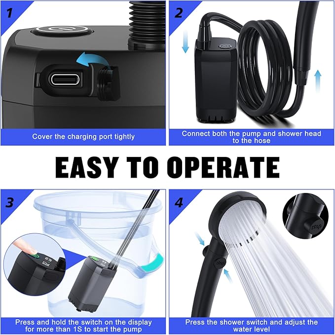 Portable Shower for Camping, [Long-Lasting] Spopal 6000mAh Rechargeable Camping Shower with Intelligent LED Display, 4 Spray Modes, IPX7 Waterproof Outdoor Camp Pump for Hiking, Travel, Car, Pet