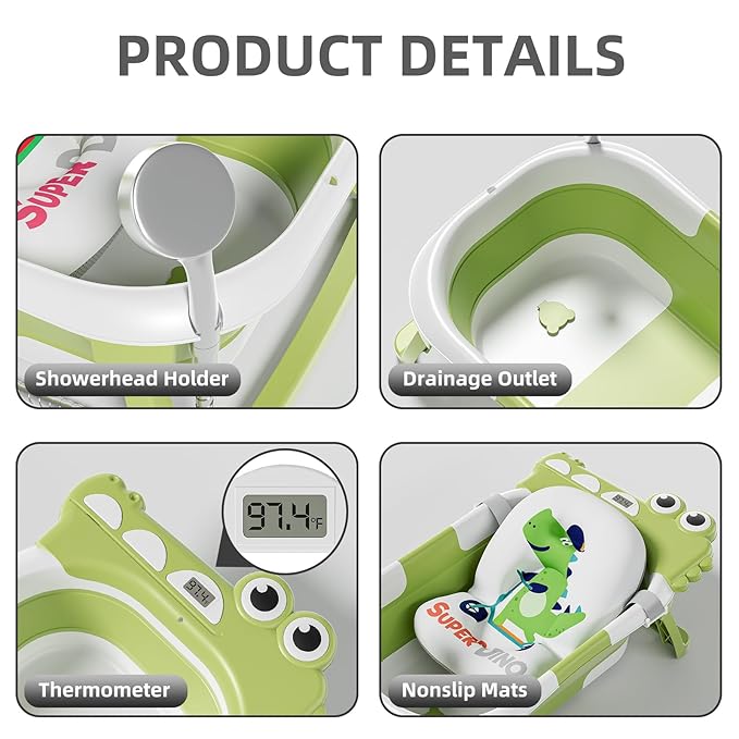 Collapsible Baby Bathtub for Newborn, Foldable Baby Bath Tub with Thermometer & Soft Floating Cushion & Drain Hole, Portable Travel Infant Bath Tubs for Newborns to Toddler 0-36 Months Girl, Green