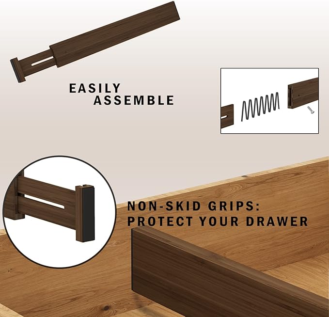 BAMEOS Drawer Divider,Expandable Bamboo Separators Adjustable Utensil Knife Fork Tool Kitchen Organizer, Clothes Fabric Drawer Organizer In Bathroom Bedroom Office, Cabinet Dresser Organizer 4-pack