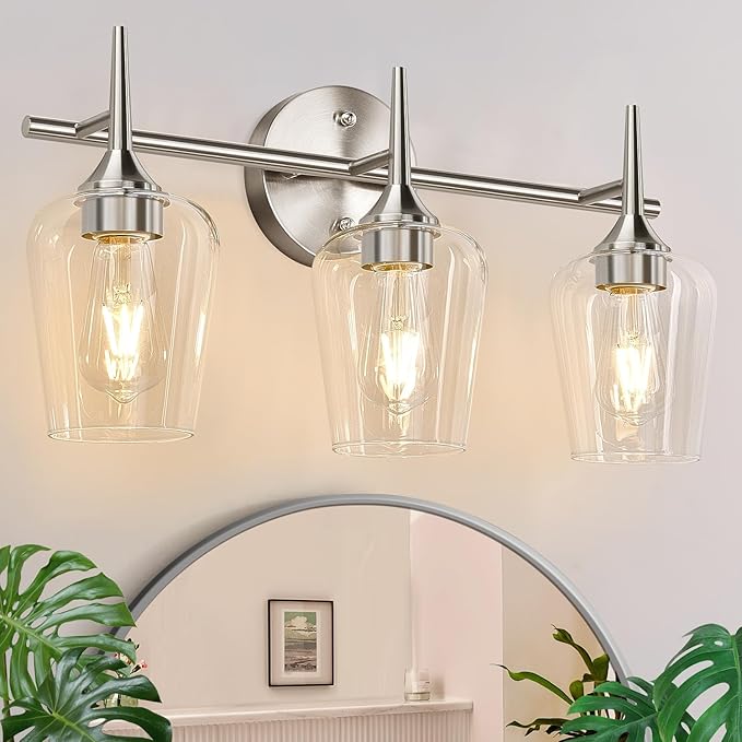 3-Light Bathroom Light Fixtures, 19.5 in Brushed Nickle Vanity Lights for Bathroom with Clear Glass, Bathroom Lighting Fixtures Over Mirror, Modern Wall lamp for Cabinet Hallway