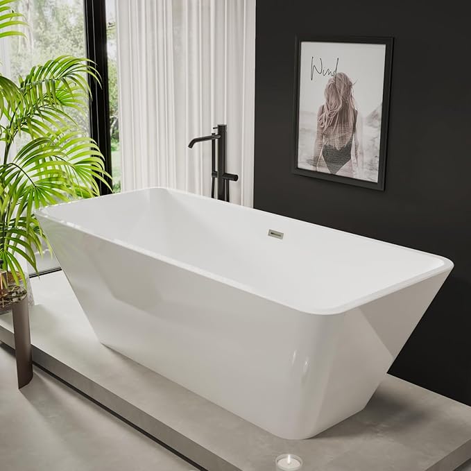 59 Inch Acrylic Freestanding Bathtub – Ergonomic Soaking Tub with Contoured Design, Integrated Overflow & Drain Kit, Lightweight Glossy White Tub for Bathroom Remodel