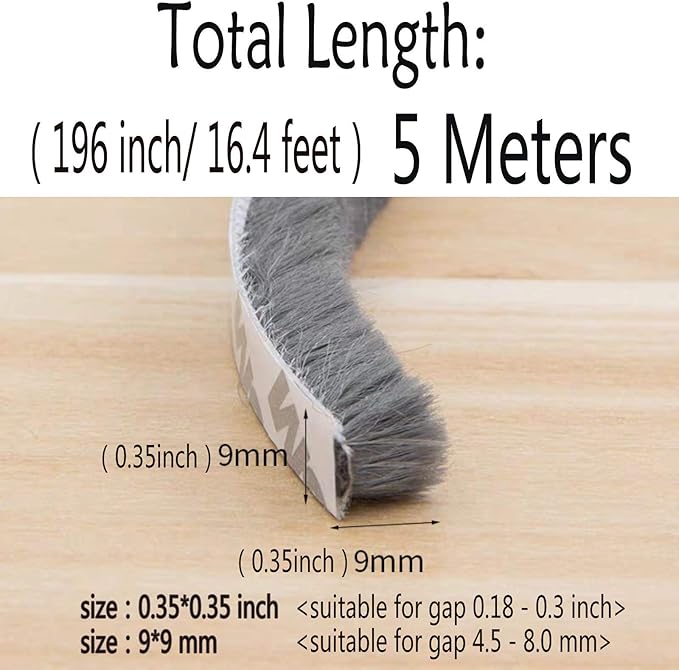 Self-Adhesive Pile Weather Stripping Seal for Sliding Windows and Door Frames, 16.5ft x 11/32 inch, Grey
