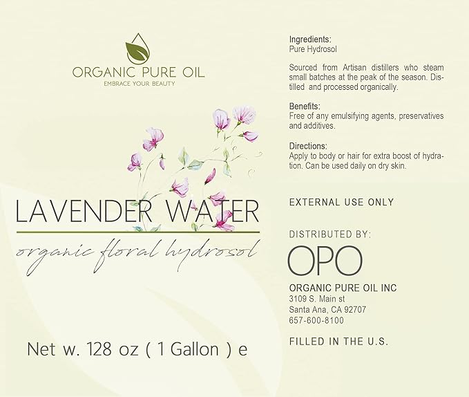 OPO Lavender Water Hydrosol - Pure Steam Distilled Natural Non GMO Calming Bulk Body, Face, Facial Toner, Aromatherapy, Set Makeup, Cleanser Mist Spritz (128 oz / 1 Gallon)