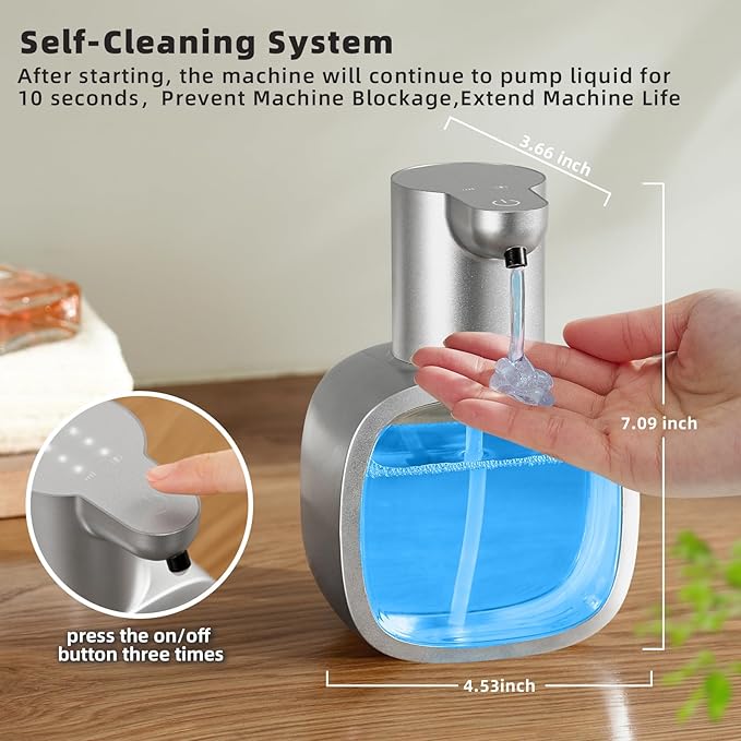 Automatic Liquid Soap Dispenser, 17oz/500ml Touchless Rechargeable with 4-Level Adjustable & IPX5 Waterproof - Level Display for Wall/Tabletop Use in Bathroom, Kitchen, Silver
