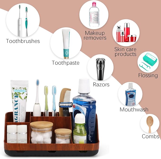 Bathroom Decor and Accessories - Detachable 7 Slots Kids Electric Toothbrush and Toothpaste Holde for Bathroom Tray Countertop Vanity Storage, Bathroom Sink Storage Organizer, Red Wood