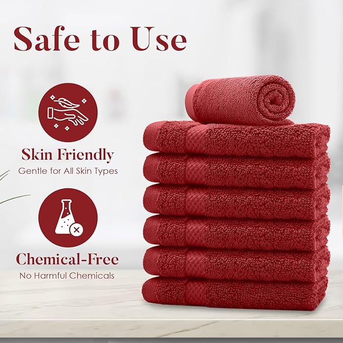 DAN RIVER 12-Pack Premium 100% Cotton RED Face Towels – Reusable Face Towel Set, Soft & Absorbent Small WashCloths for Bathroom & Body – Hand and Face Towels, 550 GSM (12x12 in)