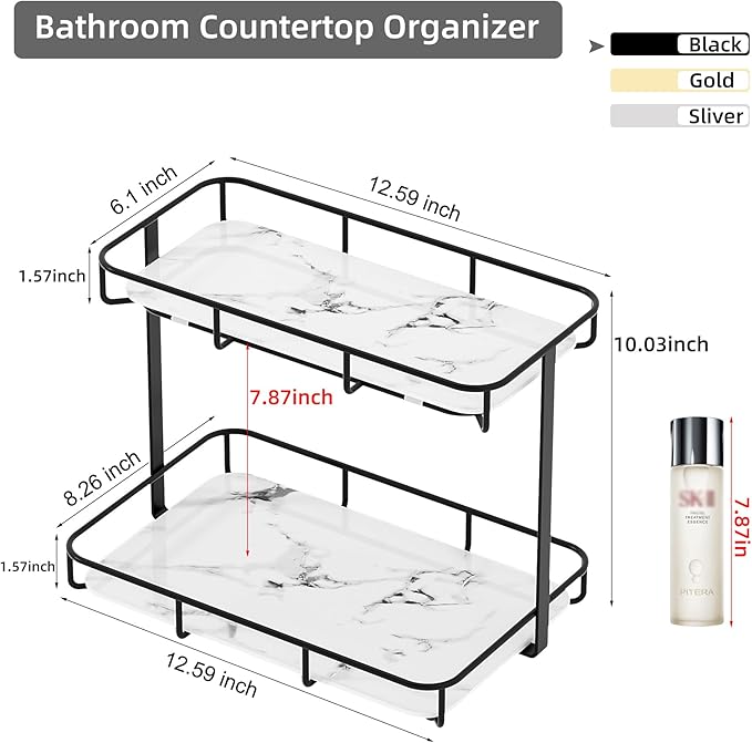 Bathroom Organizer Countertop Perfume Organizer Makeup Organizer Cosmetics Storage Display Rack Vanity Tray Dresser Stainless Steel Gold Shelf White Marble Ceramic Tray