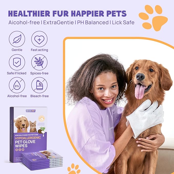 HICC PET Cleaning Deodorizing Glove Wipes for Dogs & Cats, Vet Recommended Hypoallergenic Hydrating & Nourish Fur Pet Grooming Glove Wipes, Pet Bathing Wipes for Horse Coat Care, 6pcs Verbena Scent