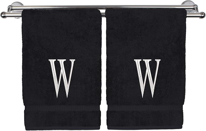 Monogrammed Hand Towel, Personalized Initial Gift, Extra Absorbent 100% Turkish Cotton - Soft Terry Finish - Set of 2 - White Block Initial W - Embroidered on Black Towels