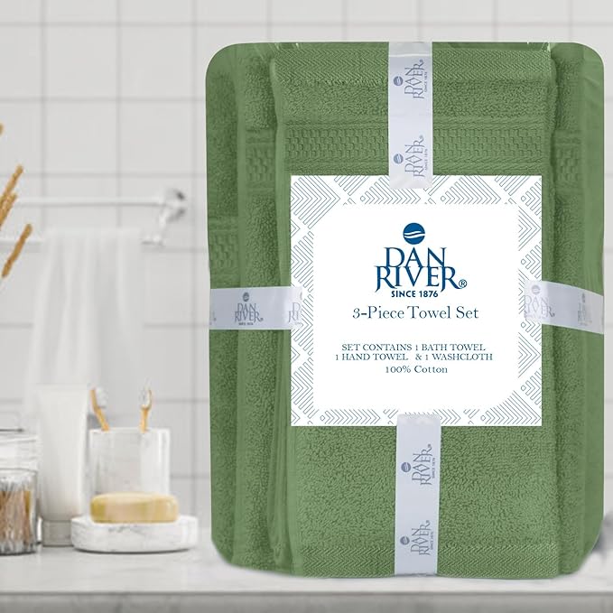 DAN RIVER 100% Ring Spun Cotton 3-Piece Towel Set, Sage-Green, Bath Towel, Hand Towel and Washcloths, 550 GSM - Soft, Absorbent Quick Dry Cotton Towels for Bathroom, Spa, and Gym