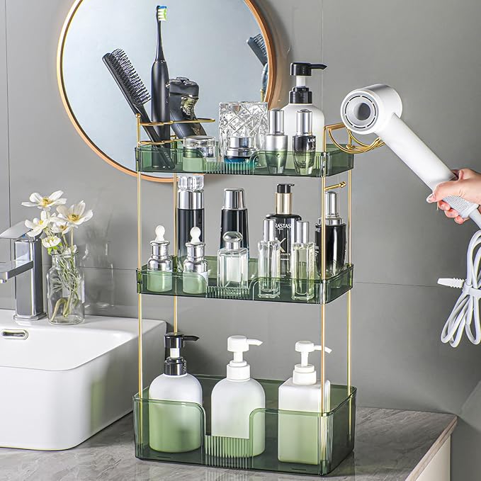 3 Tier Glam Bathroom Counter Organizer with Hair Dryer Holder, Cosmetics & Skincare Shelf, Makeup Organizer, Perfume Tray (Green)