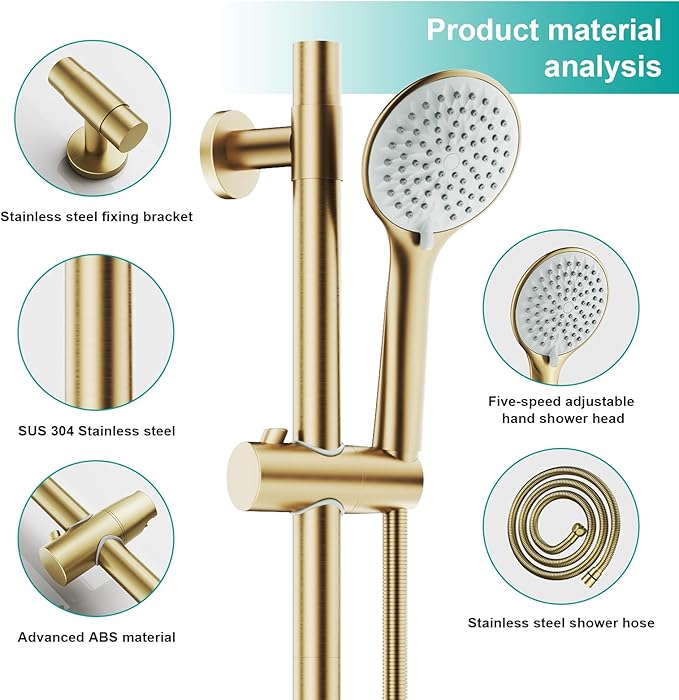 Shower Slide Bar Handheld Shower Head with Hose, 5-Function Hand Shower with Wall Mount，shower slide bar,adjustable height shower head (A-round, Brushed Gold)