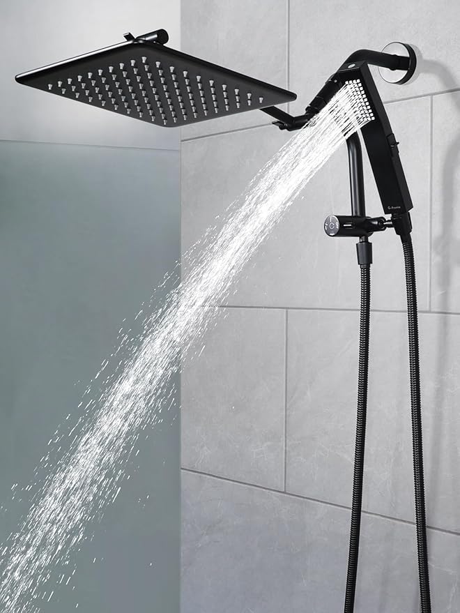 G-Promise All Metal 10 Inches Rain Shower Head with Handheld Built-in Power Wash Mode, 3-way Diverter with Pause Setting, 11 Inches Adjustable Extension Arm with Lock Joint, Long Hose (Matte Black)