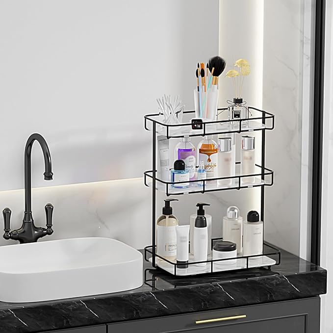 Bathroom Organizer Countertop Perfume Organizer Makeup Organizer Cosmetics Storage Display Rack Vanity Tray Dresser Stainless Steel Gold Shelf White Marble Ceramic Tray