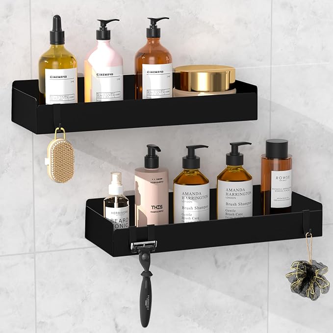Shower Caddy Adhesive, 2 Pack Large Capacity Rustproof Shower Shelves, No Drill Bathroom Shelf with 8 Hooks, Stainless Steel Shower Organizer Rack, Black