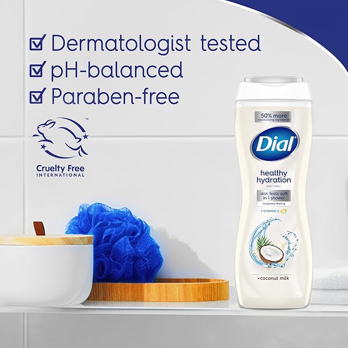 Dial Body Wash, Healthy Hydration, Coconut Milk + Vitamin E, 16 fl oz (Pack of 4), Gentle, Leaves Skin Feeling Soft In 1 Shower, Dermatologist-Tested, No Parabens & Silicones