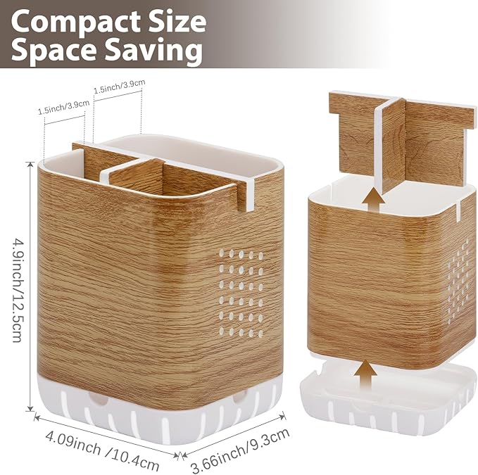 Boperzi Toothbrush Holders for Bathrooms Organizer Countertop, Detachable Anti-Slip Electric Toothbrush Holders for Kids, Toothbrush and Toothpaste Holder Storage Caddy Drainage for Shower Wood Grain
