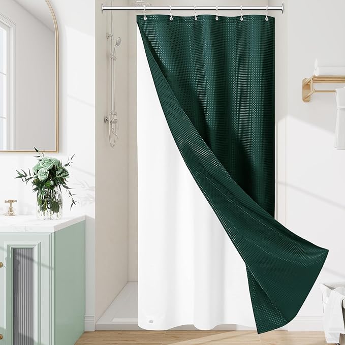 3 in 1 Stall Half Size Dark Green Shower Curtain Set-36 W x 72 H, Modern Waffle Waterproof Fabric and PEVA Liner Set with Stainless Steel Hooks