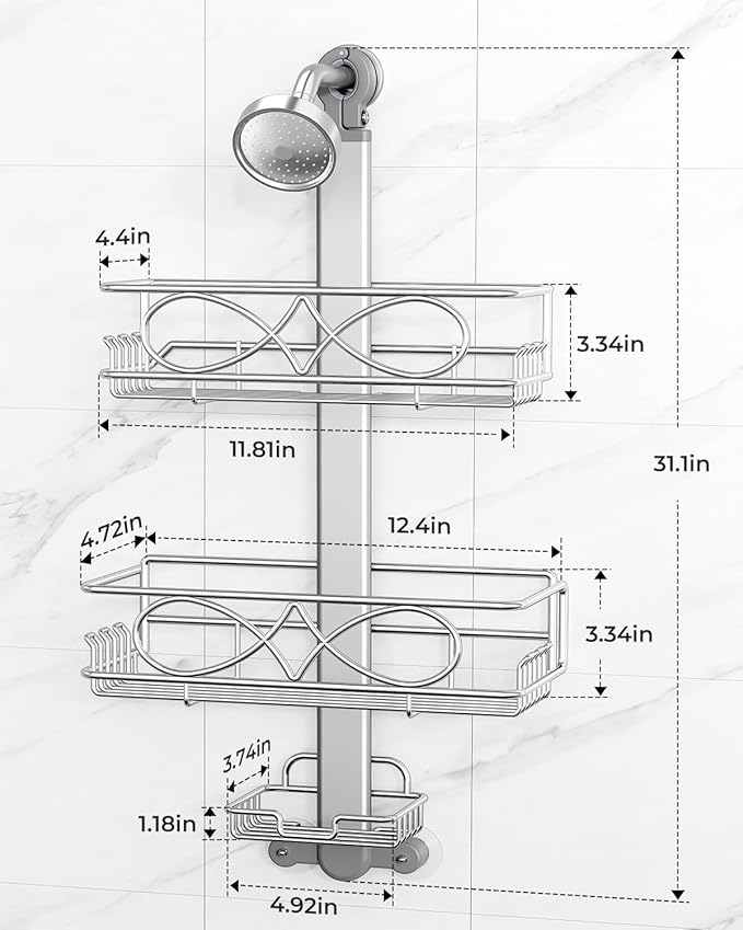 ODesign 2 Tier Stainless Steel Anodized Aluminum,Height-Adjustable Rustproof Shower Caddy Hanging Anti-Swing-Over The Shower Head Caddy-Bathroom Showe r Storage Organizer With Soap Box Holder- Sliver