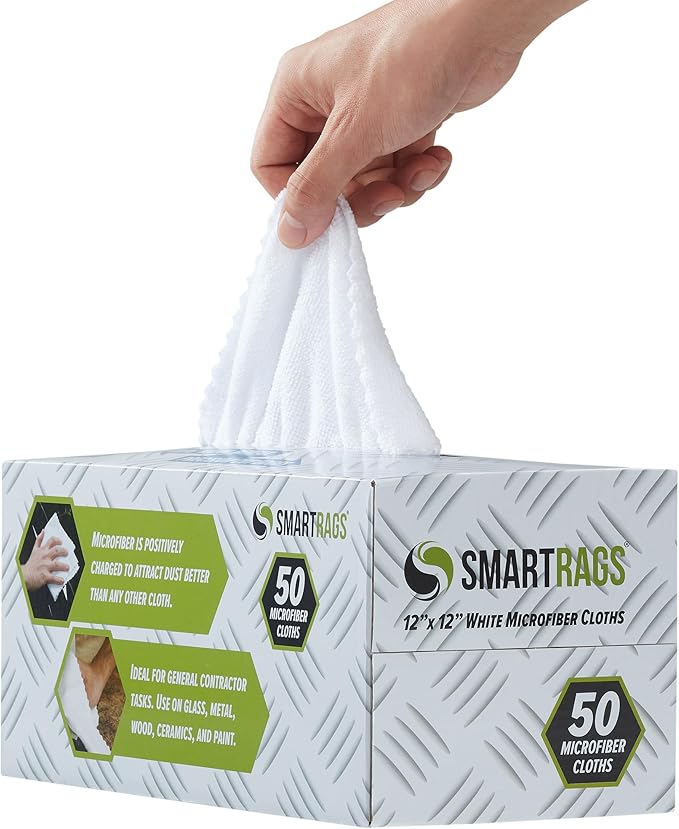 Arkwright Smart Rags in Box - (Pack of 50) Lint Free Microfiber Cleaning Cloth, Scratch & Streak-Free, Dispensable Wash Towels for Cars, Window Glass, and Auto Shop, 12 x 12 in, White