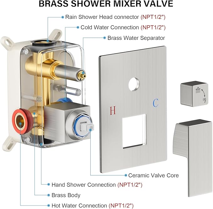 Shower Faucet Set Bathroom Square Rain Shower Head and Handle Set, Wall Mounted Shower Fixtures, Full Metal Trim Repair Kit 12 inch Brushed Nickel (With Shower Valve)