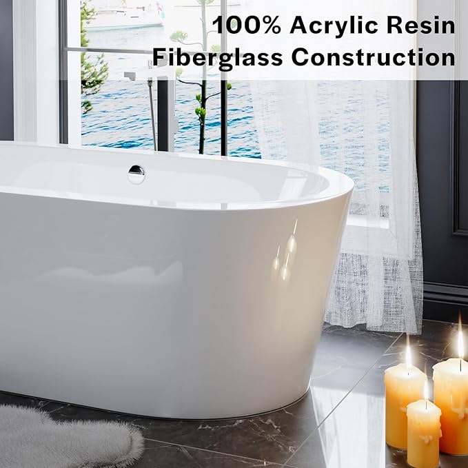 Empava Bathtub, 59" Soaking Tub, Acrylic Free Standing Tub with Center Drain and Overflow,Contemporary Design Bathtubs for Bathroom, cUPC Certified, Glossy White (Pack of 1)
