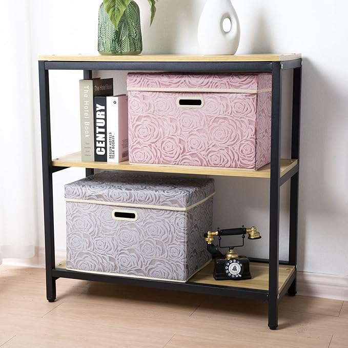 PRANDOM Larger Collapsible Storage Cubes with Lids Fabric Decorative Storage Bins Boxes Organizer Containers Baskets with Cover Handles for Bedroom Closet Living Room 17.7x11.8x11.8 Inch 3 Pack
