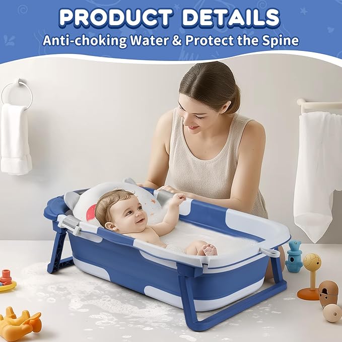 Baby Bathtub,Collapsible Baby Bath Tub with Thermometer & Soft Floating Cushion,Portable Travel Baby Bathtubs for Newborns to Toddlers 0-36 Months(Bear Gray)