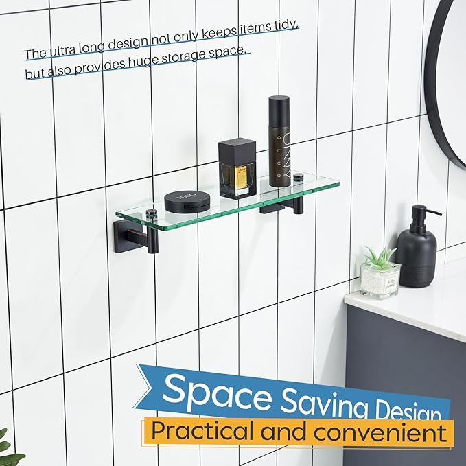 KOKOSIRI Wall Shelves Bathroom Hardware Glass Floating Shelf 16-Inch for Bedroom, Living Room, Kitchen, Hanging Rack Oil Rubbed Bronze B1105ORB-L16