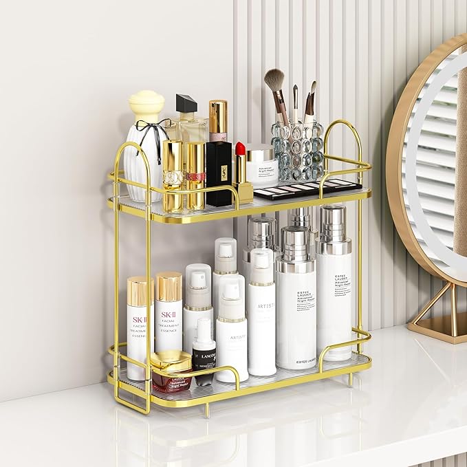 FOLLOWIN 2 Tier Countertop Organizer,Countertop Storage Perfume Tray,Vanity Counter Shelf,Bathroom Organizers and Storage Vanity,2-Tier Coffee Tray,Shine Gold