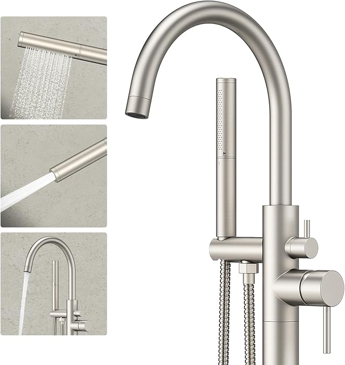 Freestanding Bathtub Faucet Brushed Nickel Tub Filler Floor Mount Free Standing Metal Bathroom Tub Gooseneck Spout with 2 Function Hand Shower