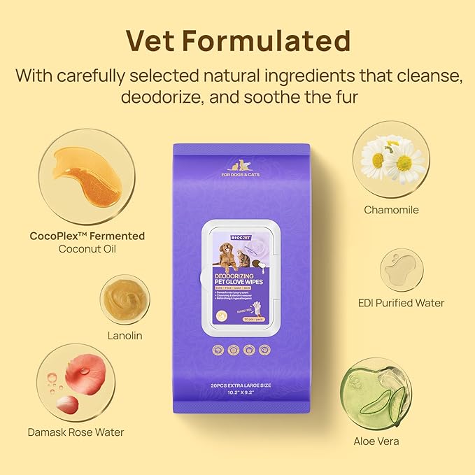 HICC PET Cleaning Deodorizing Glove Wipes for Dogs & Cats, Vet Recommended Hypoallergenic Hydrating & Nourish Fur Pet Grooming Glove Wipes, Pet Bathing Wipes for Horse Coat Care, 20pcs Rose Scent