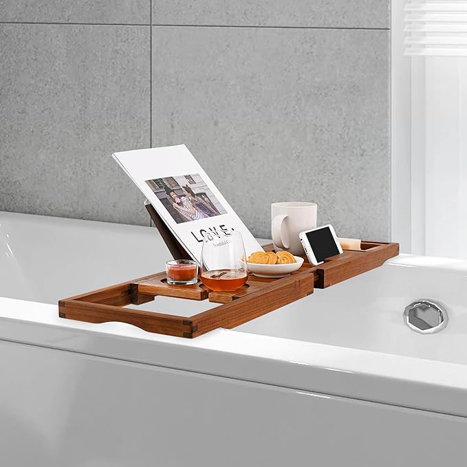 Utoplike Teak Bathtub Caddy Tray Bath Tray for Tub, Unique Bathtub Organizer with Book Tablet Wine Glass Cup Towel Holder, Adjustable, for Your Loved