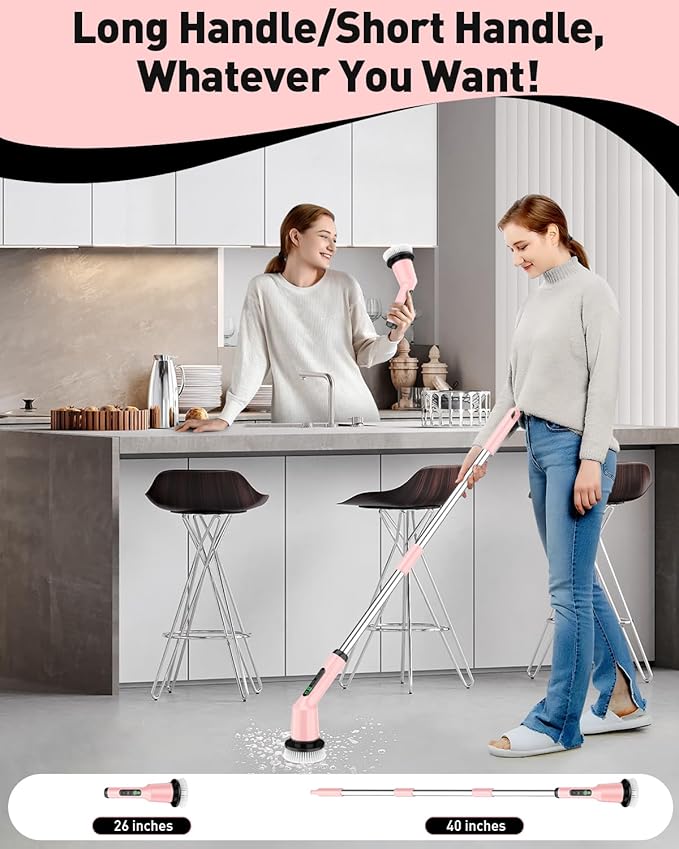 Electric Spin Scrubber for Cleaning Bathroom, Shower Scrubber Cordless Cleaning Brush with IPX7 Waterproof & 2 Speed, 3 Brush Heads, Bathroom Cleaning Supplies for Shower Tub Kitchen Tile Toilet Pink
