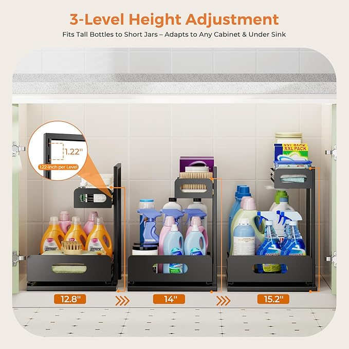Delamu 2 Pack Metal Bathroom Organizers and Storage, 2 Tier Pull Out Under Sink Organizer for Kitchen Bathroom, Adjustable Under Sink Shelf for Multipurpose Cabinet Organizer, Black