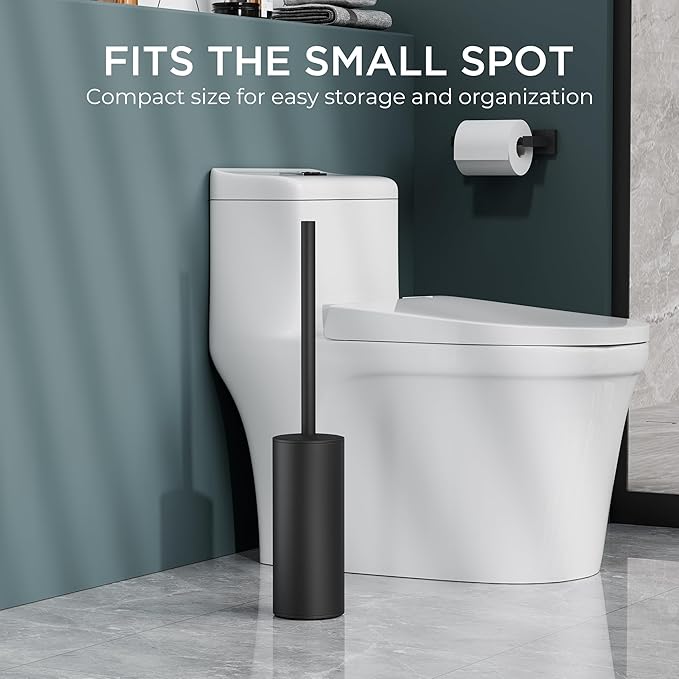 FORIOUS Toilet Brush and Holder Set Black, Heavy Duty 304 Stainless Steel Base and Long Handle Toilet Bowl Cleaners Brush, for Bathroom Storage and Organization, 2 Brush Head