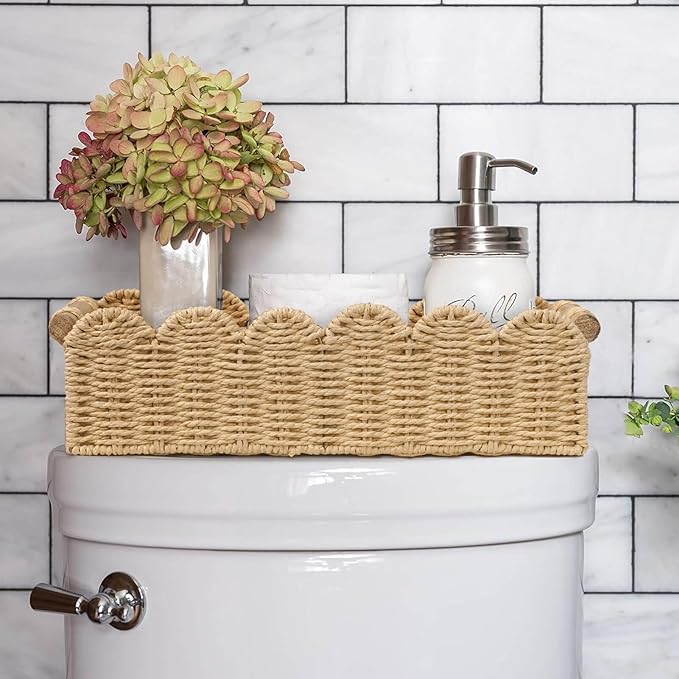 CubesLand Scalloped Edge Decor Baskets for Home, Living Room, Toilet Paper Storage Basket for Over Toilet Shelf, End Table,Shelves and More, Small Paper Rope Baskets Both Storage&Decor, Set 2 Beige