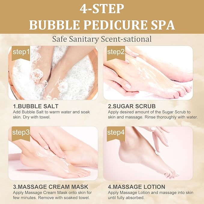 Pedicure Kit Foot Soak Set: Bubble Salt, Sugar Scrub, Massage Mask, Massage Lotion in a Box, 4 Step Foot Spa Kit for Dry Feet,Tired Feet（1 Set Pearl )
