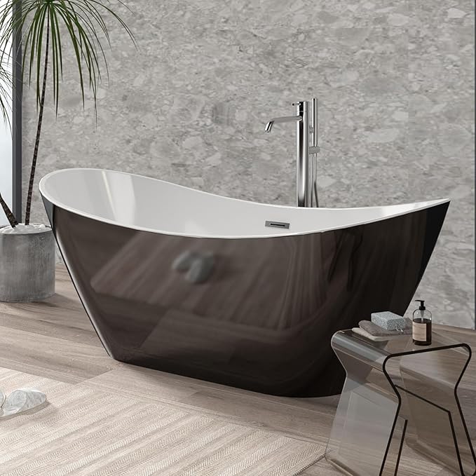 67 Inch Acrylic Soaking Bathtub, Modern Stand Alone Tub for Adults with Sloped Backrest, Chrome Drain & Overflow, cUPC Certified, Easy Installation, White Oval Bath