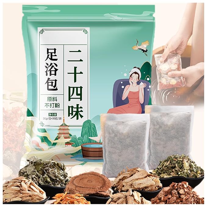 30 Bags Herbal Foot Soak,Foot Bath Herb,Foot Spa Bath Soak Foot Detox Soak to Remove Toxins,Relieve Fatigue & Dispel Cold and Remove Dampness 艾草排湿排寒泡脚包 900g(30 bags*30g) (Green A, 30.5x40.5CM)