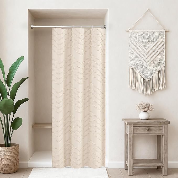 Small Stall Cream Boho Fabric Shower Curtain, 36x72 Half Size, Textured Tufted Chevron Striped Minimalist Cloth Bathroom Shower