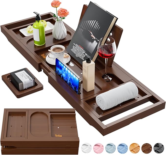 Yirilan Bathtub Trays for Tub,Bath Tray, Foldable Bathtub Caddy,Brown