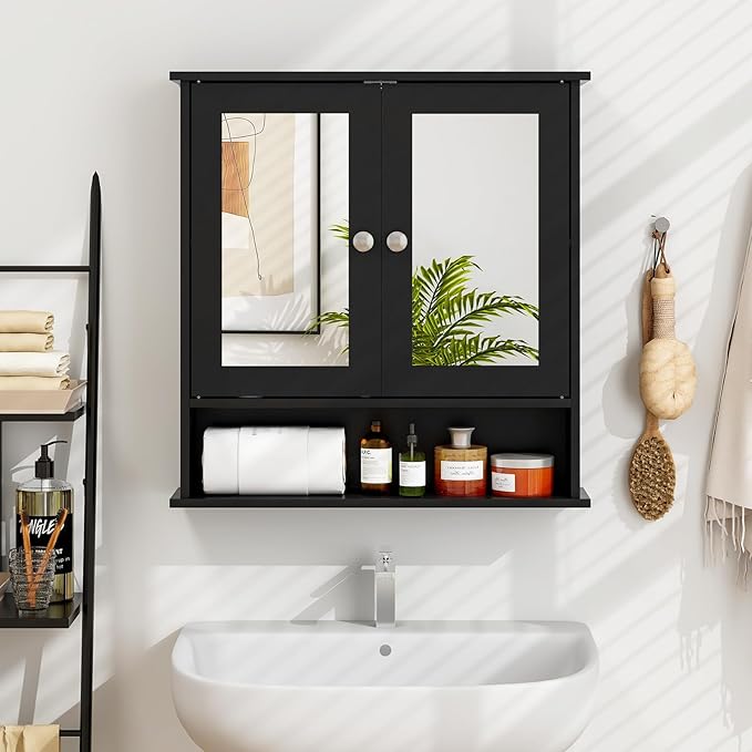 Tangkula Bathroom Medicine Cabinet with Mirror, Wall Mounted Wooden Hanging Organizer with Doors and Shelves, Bathroom Wall Mirror Cabinet (Mirror Doors, Black)
