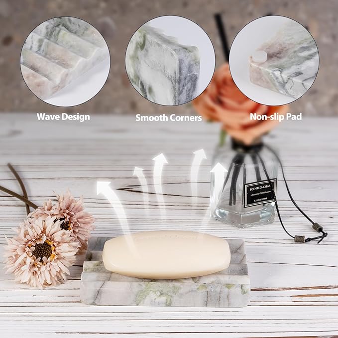 2 Pcs Soap Holder for Bathroom, Marble Soap Dish for Kitchen Countertop, Tray with Creative Wavy Design, Soap Saver for Bath Tub, Sponges, Italian Natural Stone(Bianco Palomino)