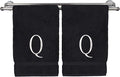 Monogrammed Hand Towel, Personalized Initial Gift, Extra Absorbent 100% Turkish Cotton - Soft Terry Finish - Set of 2 - White Block Initial Q - Embroidered on Black Towels