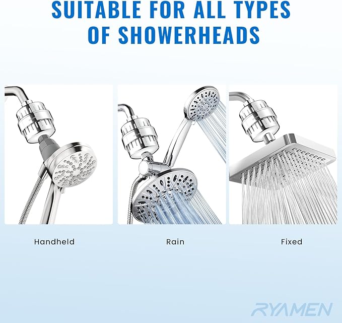 Ryamen Heavy Duty Shower Filter, Shower Water Filter, 99% REMOVAL Shower Head Filter for Hard Water, Heavy Metals, Chlorine (1 Cartridge, Silver)