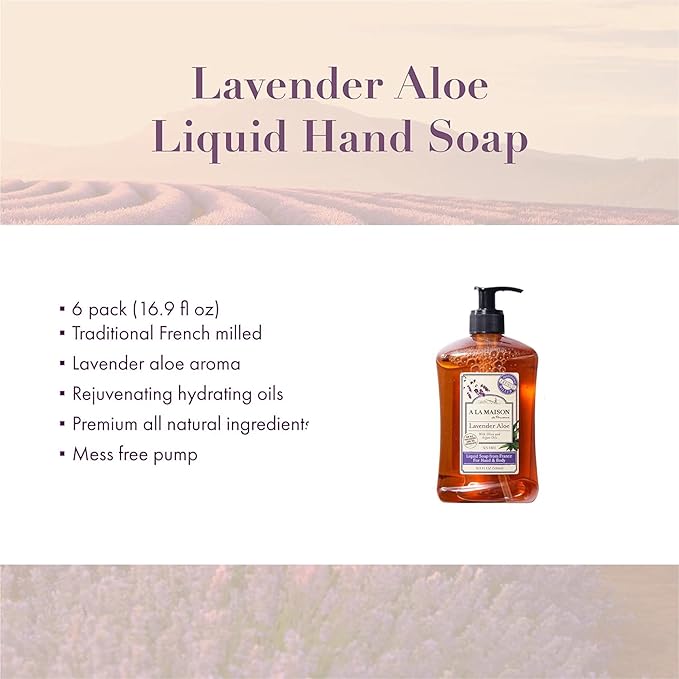 A LA MAISON Lavender Aloe Natural Hand Wash Made with Essential Oils - Biodegradable, Plant-Based, Vegan, Cruelty-Free 16.90 Fl Oz (Pack of 6)