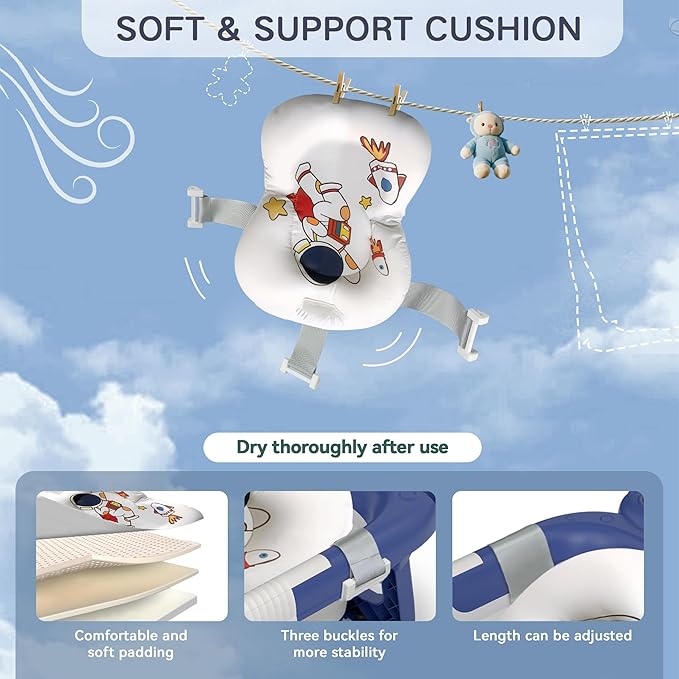 Collapsible Baby Bathtub for Newborn to Toddler (0-24 Months), Portable Baby Bath Tub for Travel, Newborn Bathtub with Soft and Supportive Cushion (Astronaut-Blue)