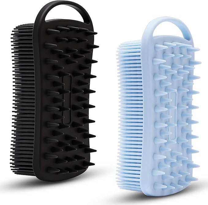 2 PC Silicone Body Scrubber, 2 in 1 Exfoliating Shower Bath Scrubber, Soft Silicone Loofah for Sensitive Skin, Shower Hair Scalp Massager, Easy to Clean, Lather Well (Blue&Black)